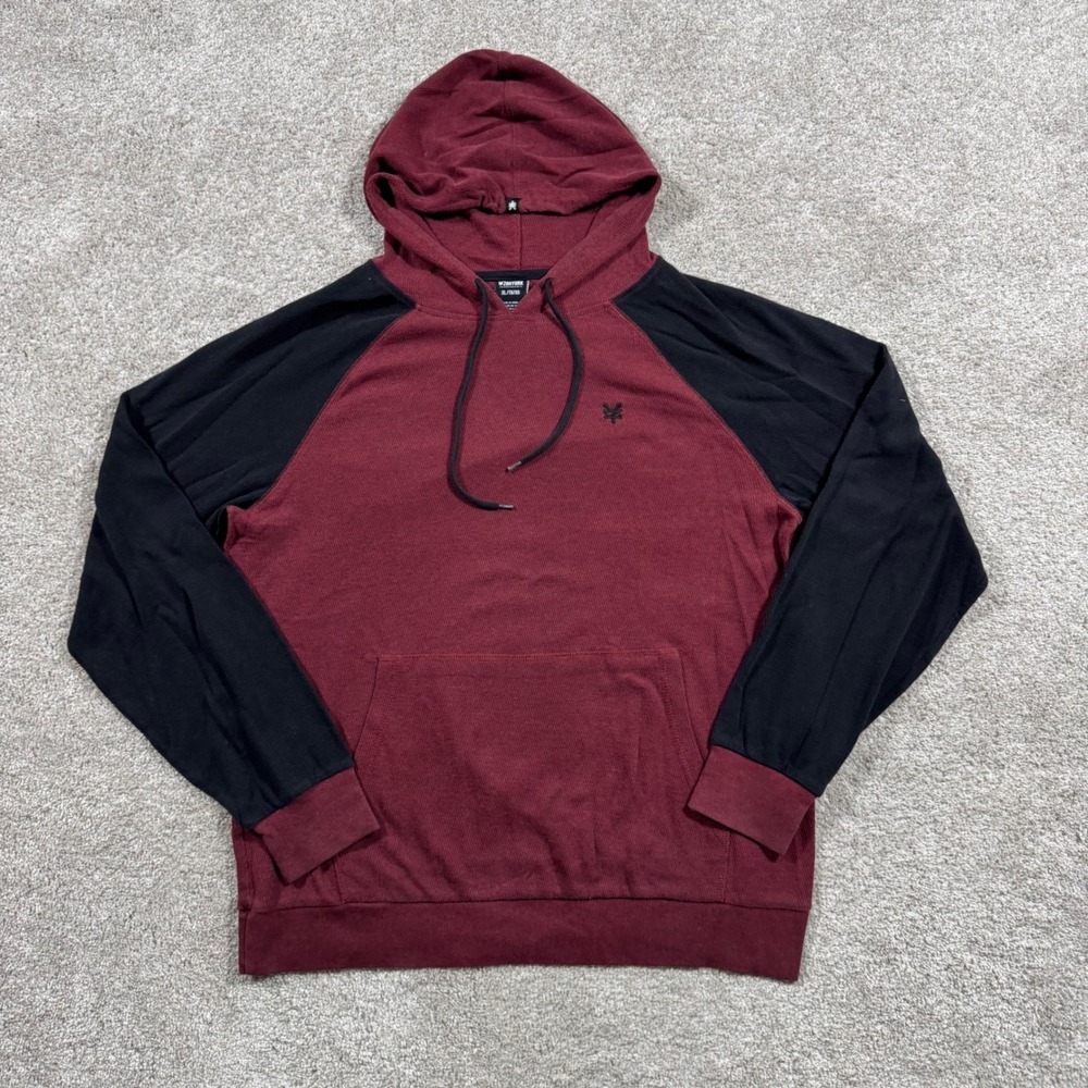 Zoo York Men XL Waffle Knit Hoodie Burgundy Black Colorblock Raglan Pullover Y2K